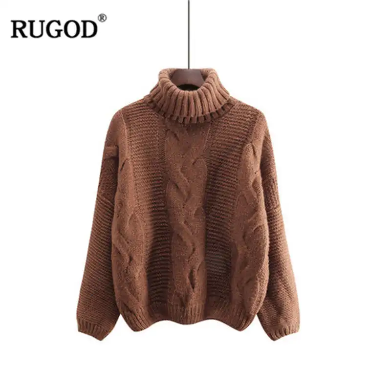 brown RUGOD, Ретро стиль, водолазка, кашемировый свитер для женщин,, Осень-зима с рисунком, теплый пуловер, Женский вязаный свитер, Roupas Feminina - Цвет: brown