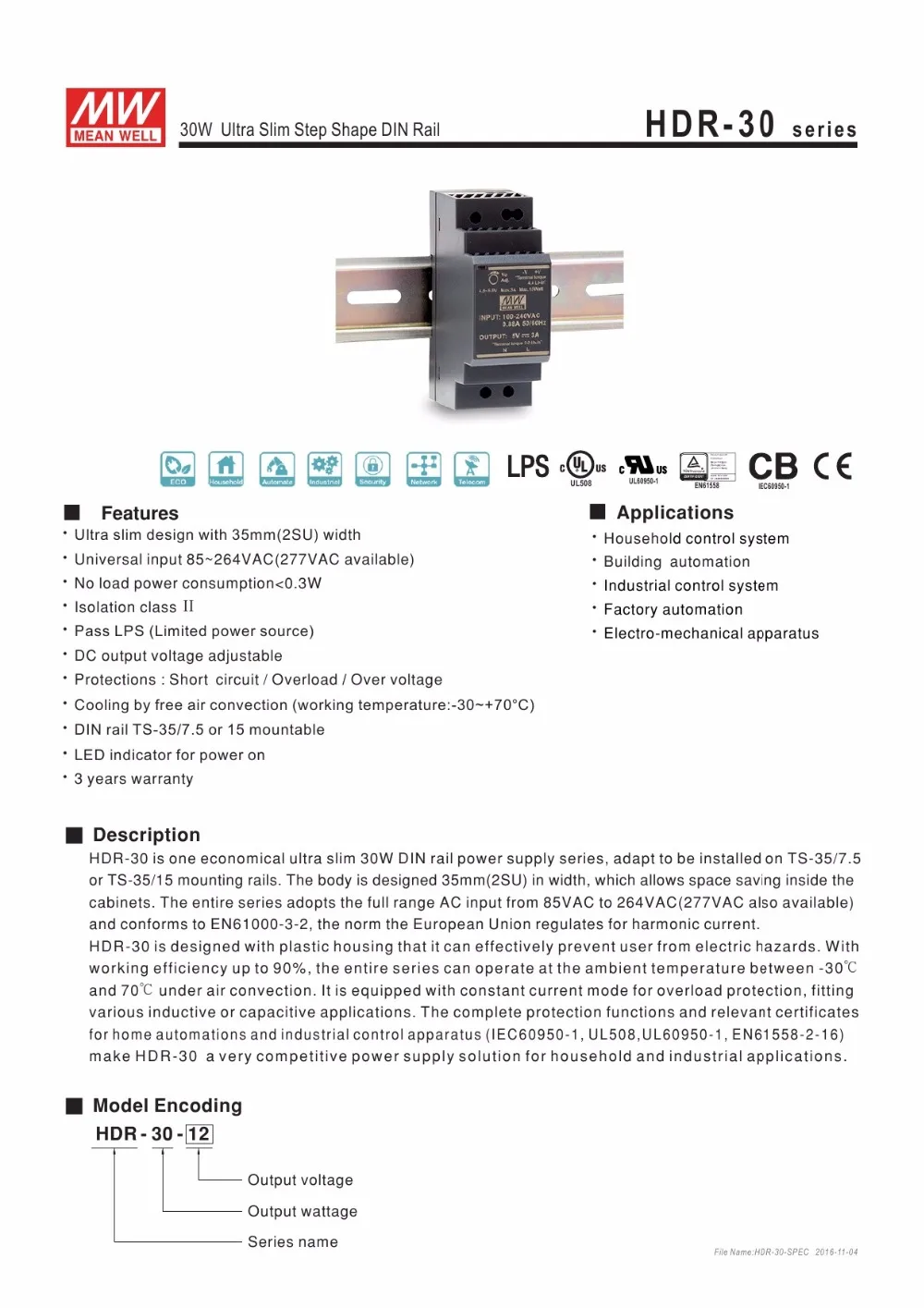 MEAN WELL HDR-30-12 24W 2A 12V din-рейка источник питания meanwell ступенчатая форма мини тонкий размер источник питания 12V DC Регулируемый