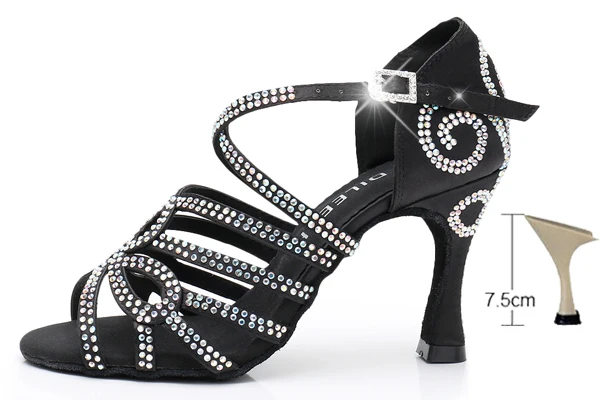 black heel 75mm DILEECHI Latin dance shoes double Rhinestone shining Skin Black satin women Ballroom dancing shoes Cuba heel 9cm New Arrival - Цвет: black heel 75mm