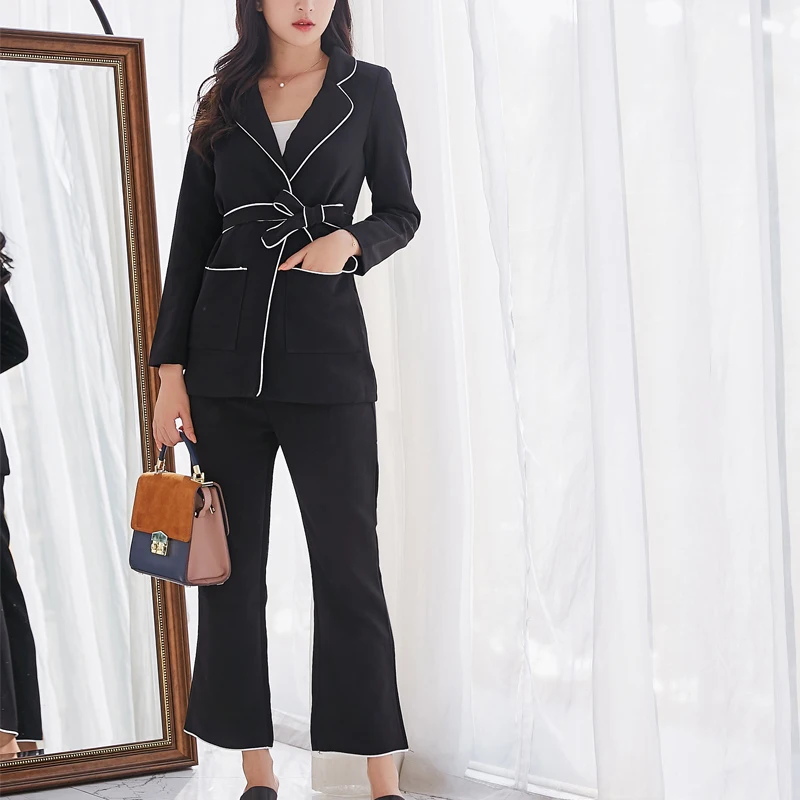 Кромкой Цвет Для женщин брючный костюм повязка Блейзер комплекты Повседневная