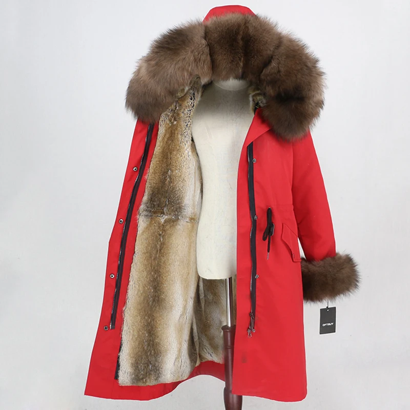 red brown OFTBUY X-long Parka водонепроницаемое пальто натуральный мех зимняя куртка женская натуральный Лисий мех воротник капюшон манжеты подкладка из натурального кроличьего меха Повседневная - Цвет: red brown