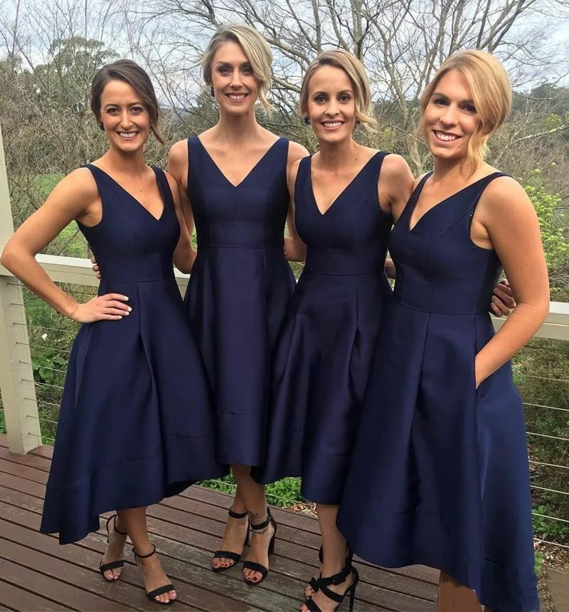 Navy Blue Short Bridesmaid Dresses 2019 Simple Satin A Line Tea Length Cheap Women Wedding Party Gowns Guest Dress | Свадьбы и