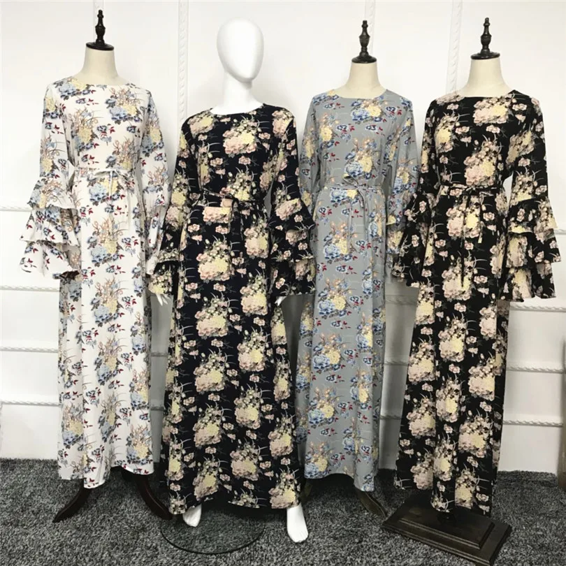 2020 мусульманское платье с цветочным принтом Abaya расклешенными рукавами