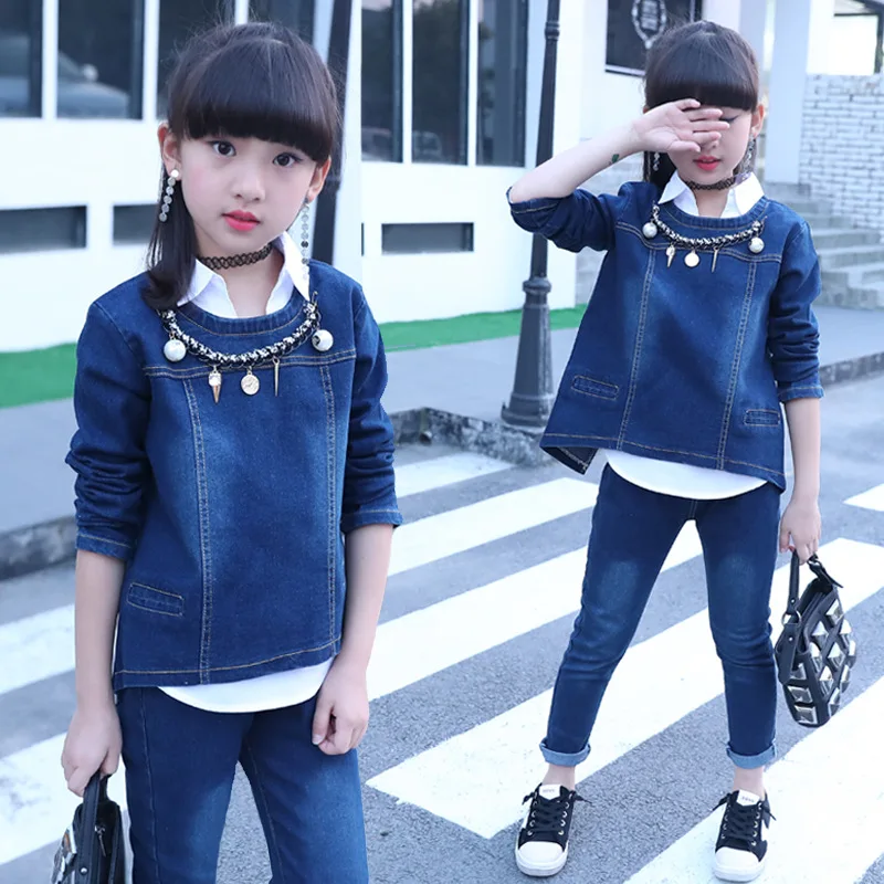 

2019 fashion spring and autumn baby girl clothes denim sets girl shirt+denim coat +jean trousers there-piece body suit girls set