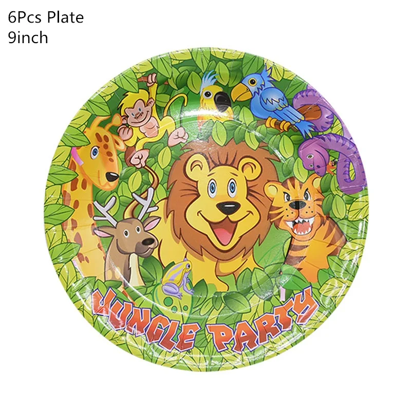 6pcs 9inch plate Джунгли день рождения одноразовые столовые приборы Джунгли животных одноразовые тарелки/чашки/салфетки сафари джунгли вечерние украшения принадлежности - Color: 6pcs 9inch plate