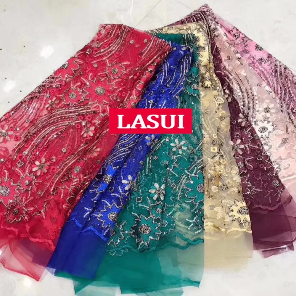 LASUI 1 ярд благородный 7 цветов 3D Вышитые Блестки Цветы Сетка кружевная ткань для