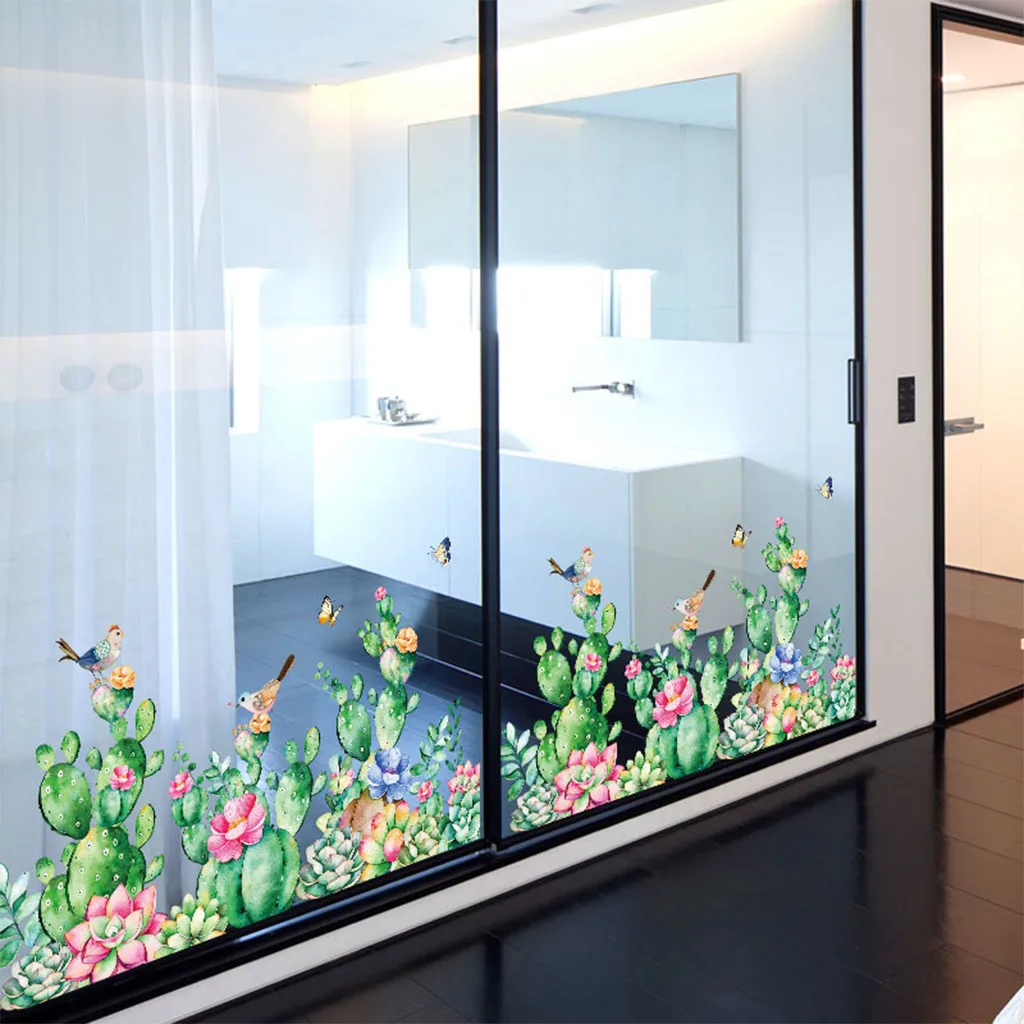 Съемная виниловая наклейка художественная роспись Зеленый Кактус домашняя