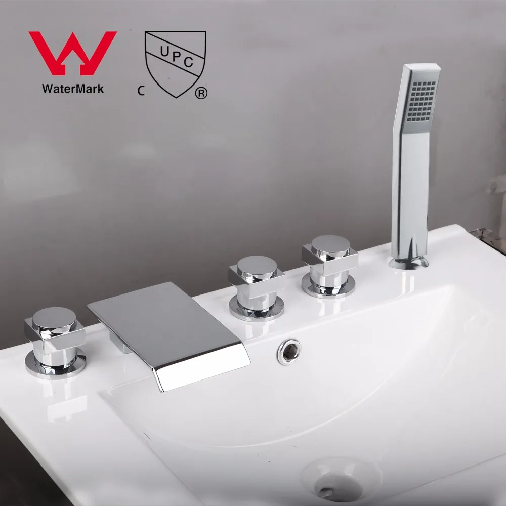 KEMAIDI Deck Mount Widespread 5pcs Bathtub Faucet Waterfall 3 Handles Mixer Tap With Hand Spray Polished Chrome Finish | Обустройство