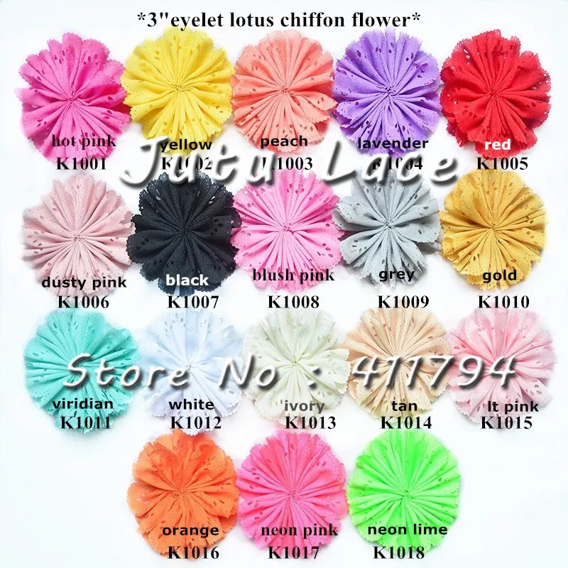 

60 pcs/ lot , 3'' shabby chiffon flowers , chiffon eyelet lotus flowers for headband hair accessories 18 colors