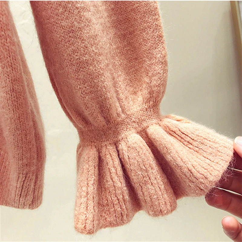 Casual Slim Sweater Women Autumn Winter Knitting Pullovers Long Flare Sleeve Ruffle Pullover Woman | Женская одежда