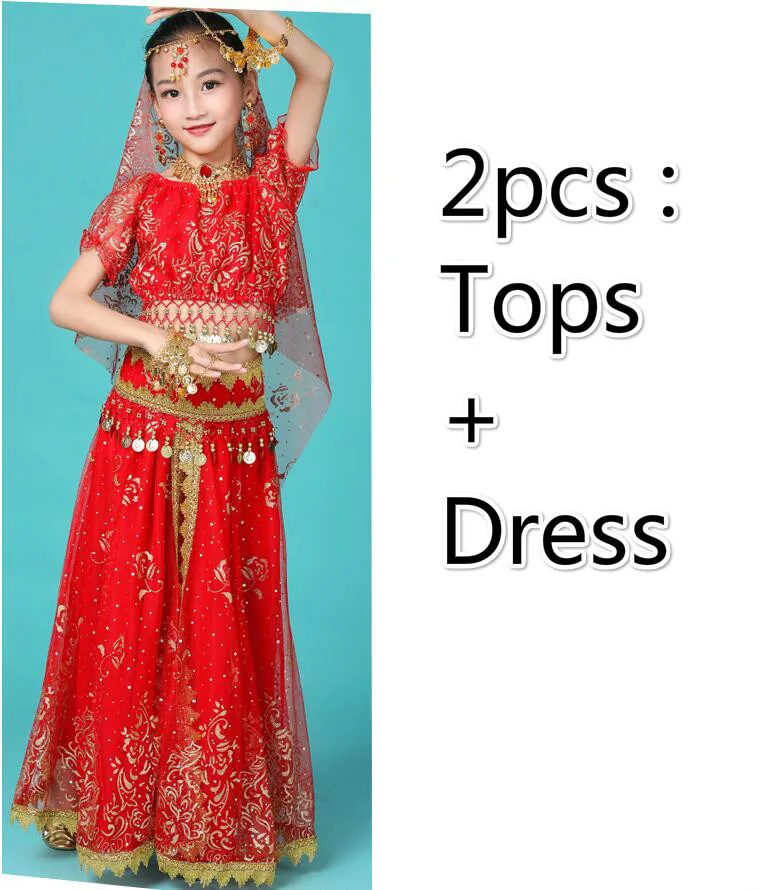 2pcs red Детские индийские костюмы для танца живота, египетские вечерние костюмы для выступлений, танцевальная одежда Для Болливуда, Восточный Костюм для Хеллоуина - Цвет: 2pcs red
