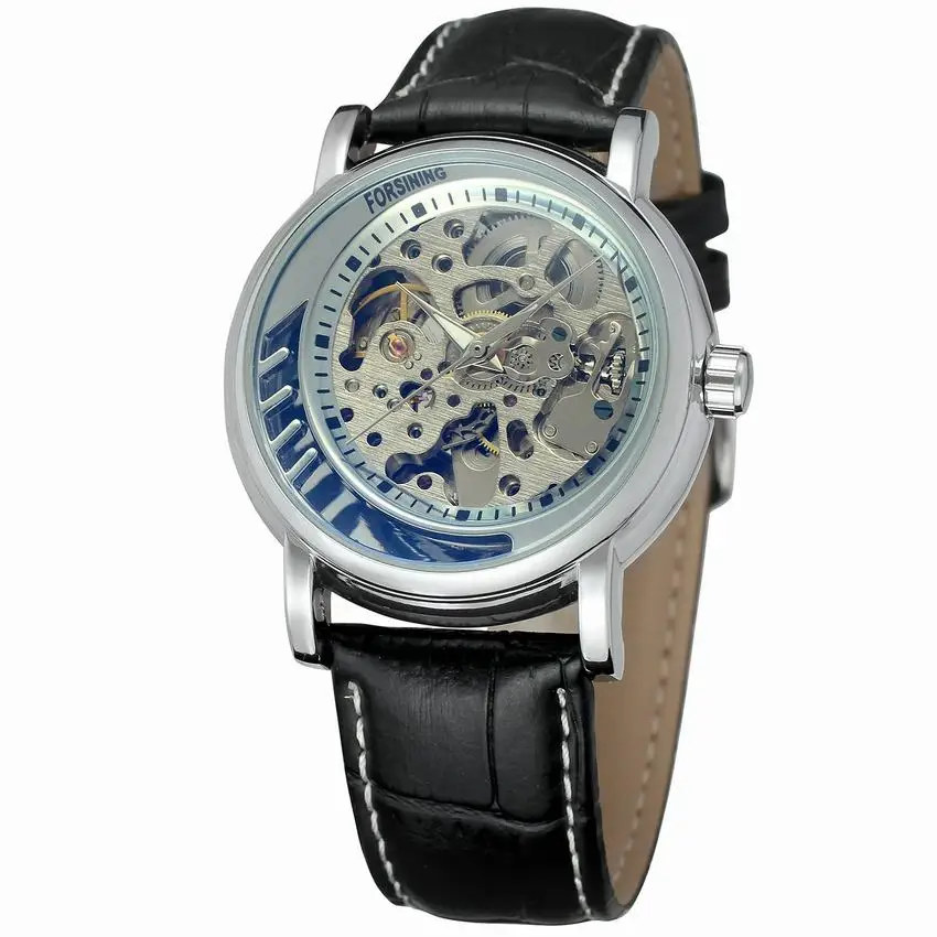 FORSINING 2018 Роскошные синие стеклянные черные наручные часы с ремешком из