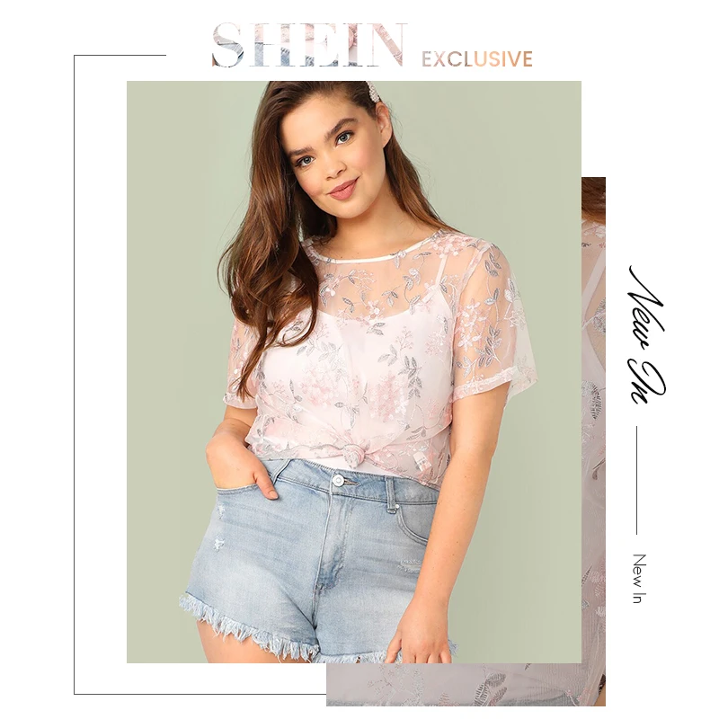 SHEIN, розовый топ с вышивкой размера плюс, Сетчатая футболка, Женская Летняя Сексуальная Повседневная футболка на пуговицах с круглым вырезом и коротким рукавом, плюс футболка