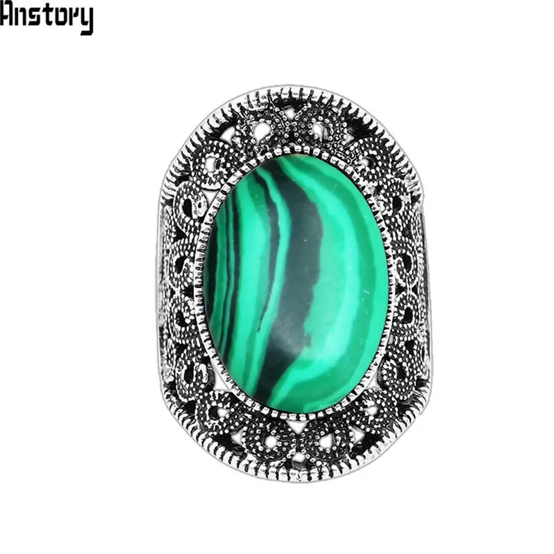 Oval Malchite Rings For Women Flower Desing Vintage Look Antique Silver Plated Fashion Jewelry TR666|Кольца| |