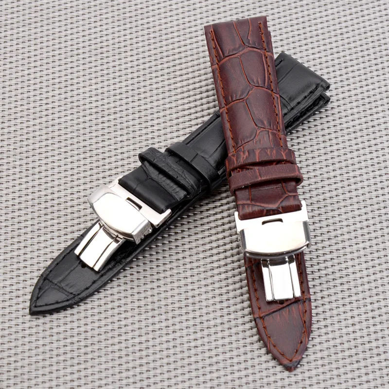 

Business Casual Black Brown Genuine Calfskin Leather Watch band Strap Butterfly Buckle Crocodile Pattern Bracelet 18 20 22 24 mm