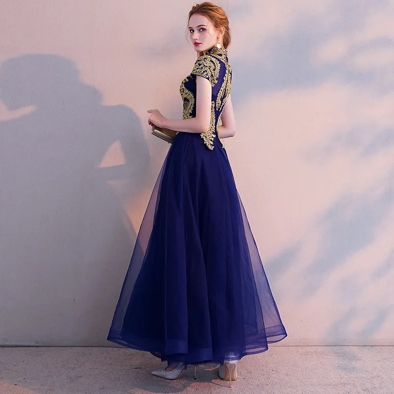 Винтажное вечернее платье А силуэта с золотой кружевной вышивкой для вечерние