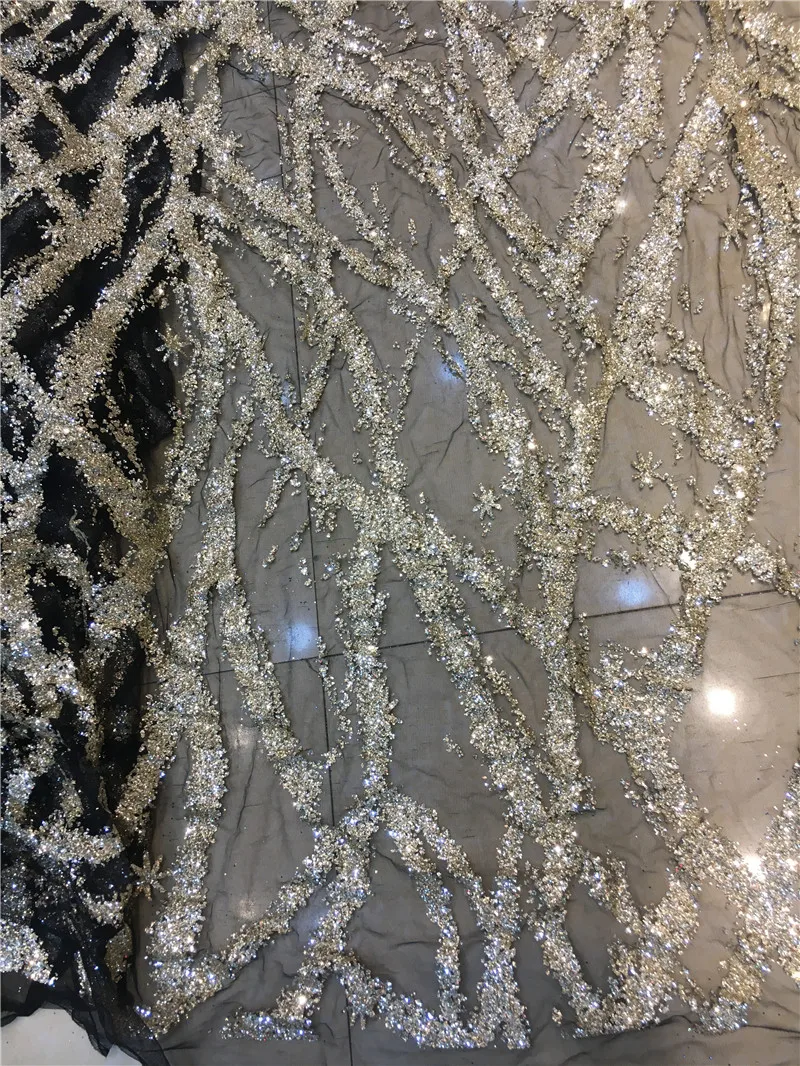 Быстрая доставка 5 ярдов Черная сетка и золотой блестящий ручной принт блестящая