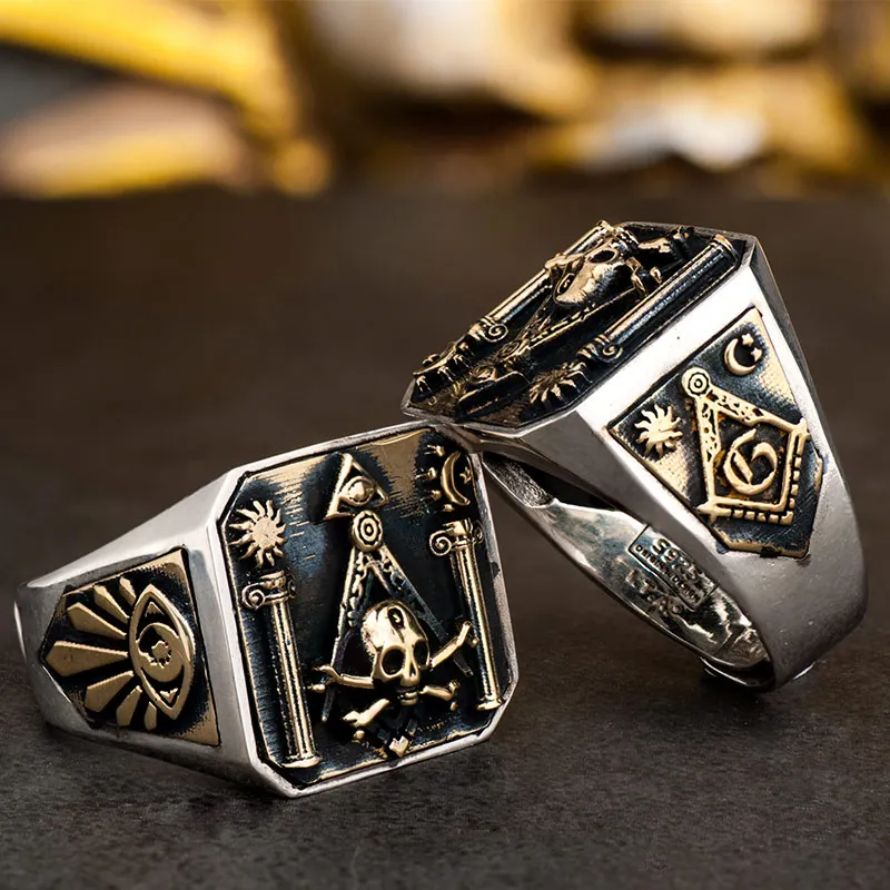 Skull MasonicRing 925 Silver Ring For Men Omniscient eye and freemason Totem Jewelry mygrillz|Кольца| |