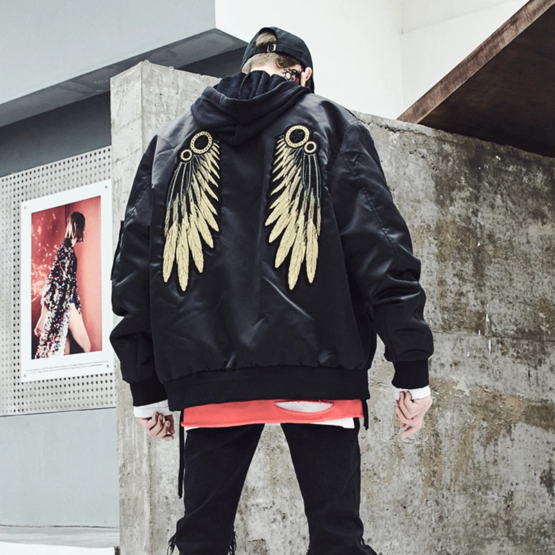 

Korean fashion Wings jackets for men Hiphop style Baseball collar Black Autumn Winter XXL