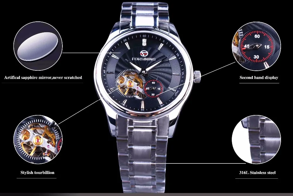 Forsining Классическая серия сапфировое стекло Tourbillion дизайнерские 316L сталь мужские наручные часы лучший бренд класса люкс автоматические часы