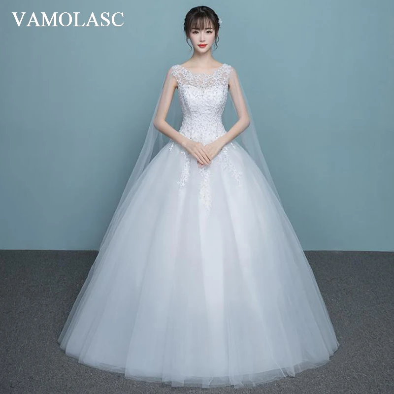 

VAMOLASC Illusion Beading O Neck Lace Appliques Ball Gown Wedding Dresses Crystal Tank Backless Bridal Gowns