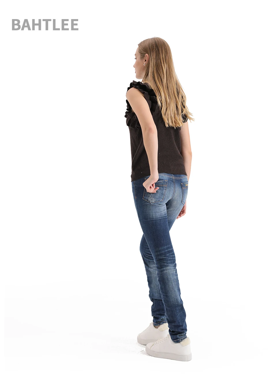 BAHTLEE Summer Frilled Trim knitted Slim Fitted Tee Sleeveless T-shirt Women Elegant Solid O-neck sweater Tshirt ruffles