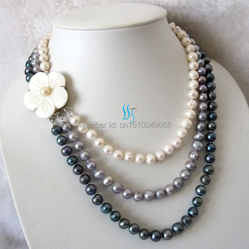 

FREE SHIPPING hot sell 17-20" 7-9mm 3 Row Freshwater Pearl Necklace