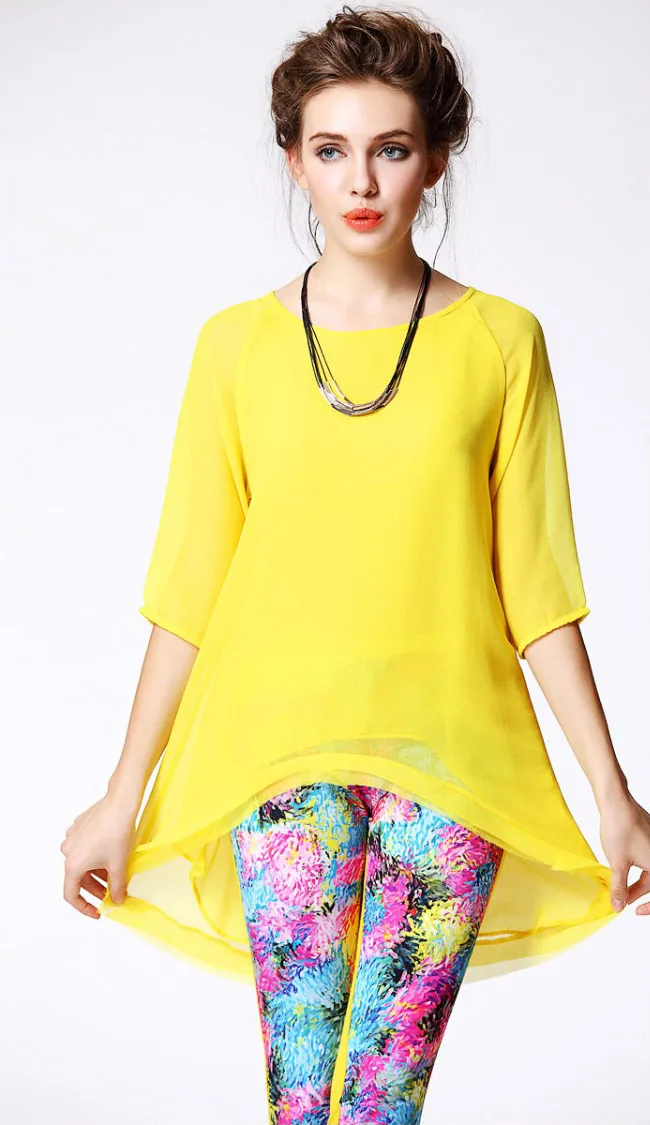 Длинная шелковая шифоновая футболка/шелковая ткань/однотонный цвет/женские топы