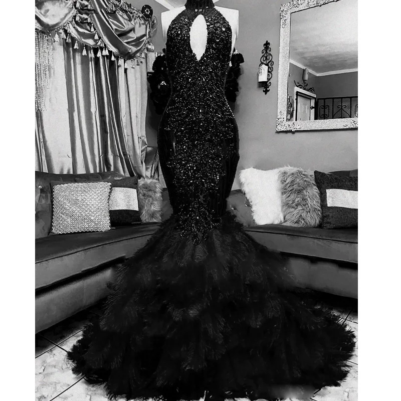 Luxury Bead Feather Mermaid Prom Dresses 2019 High Neck Applique Sequined Evening Gowns Sweep Train robe de soiree