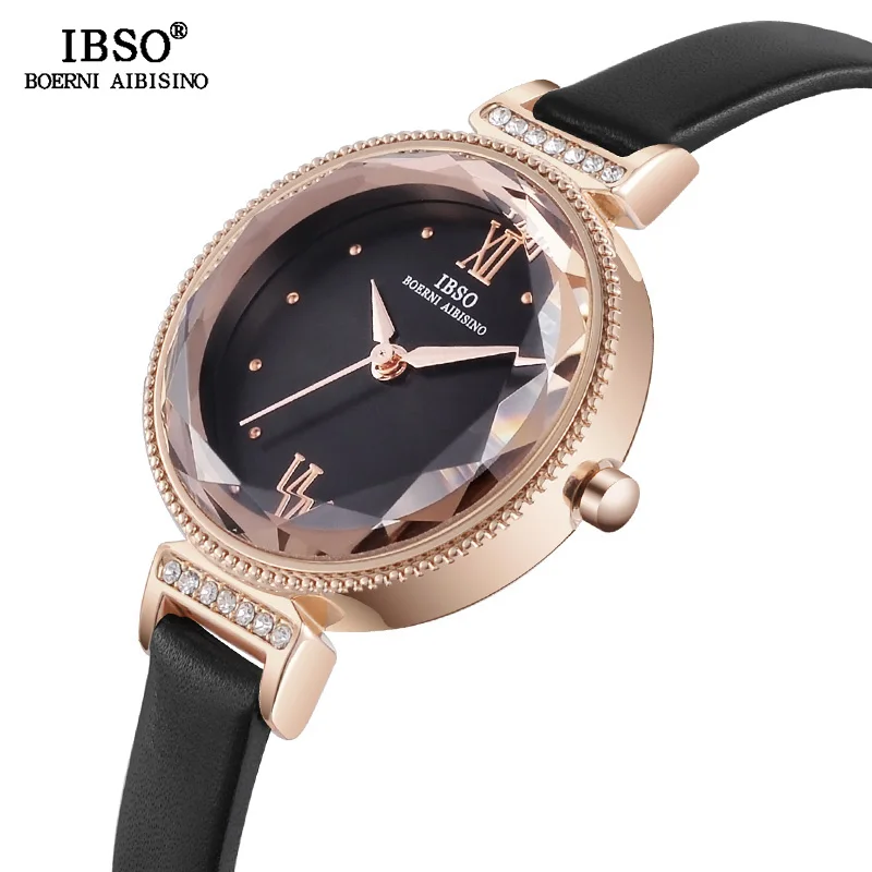 

IBSO Women Crystal Quartz Watches with Roman Numeral Dial Genuine Leather Strap Ladies Watches Hours Clock Women Montre Femme