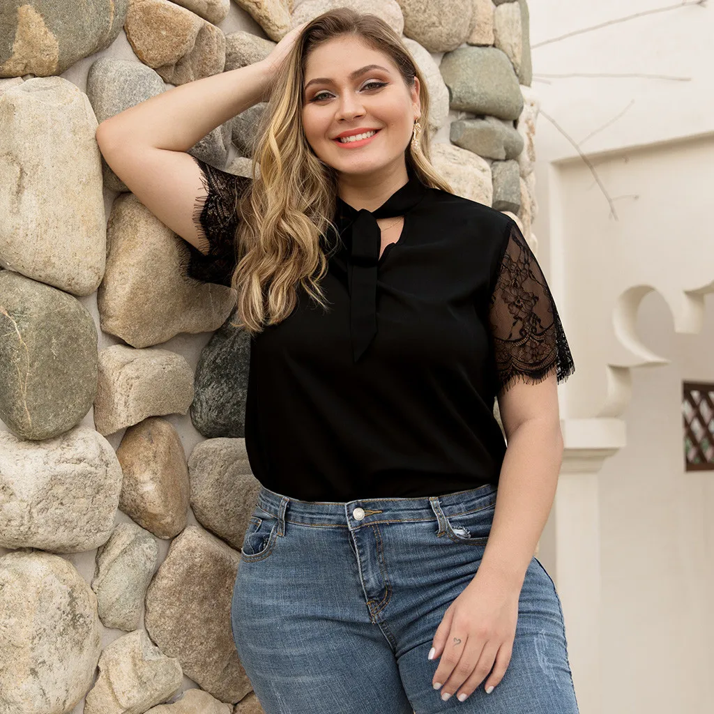 Большие размеры женские Рубашки Топы элегантная повседневная кружевная панель с