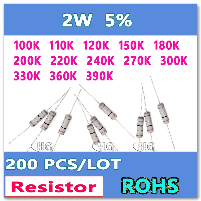 JASNPROSMA 200 шт./лот 5% 2W 100K 110K 120K 150K 180K 200K 220K 240K 270K 300K 330K 360K 390K карбоновая пленка DIP OHM