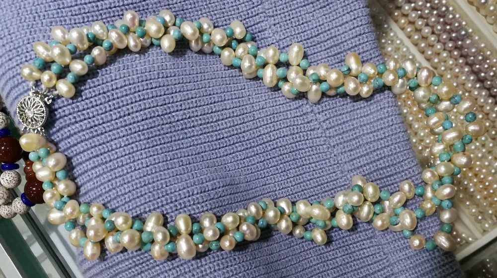 

Women Jewelry 3 rows necklace 4mm light blue bead 7-8mm white pearl mixed real natural pearl cultured freshwater pearl