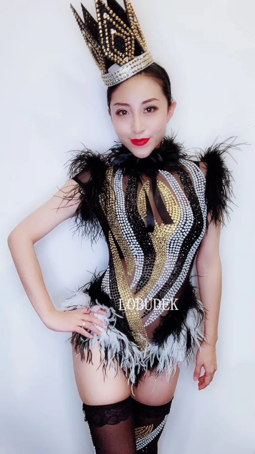 Боди Стразы с черными белыми перьями комбинезон для ночного клуба вечеринки