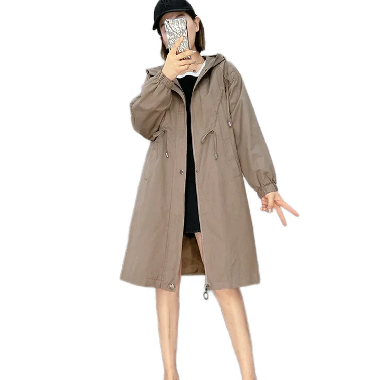Элегантное женское длинное пальто с капюшоном весна 2018 однотонное регулируемой