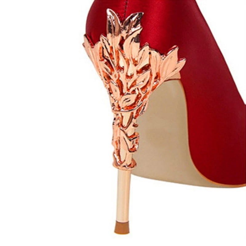 

Dropshipping 2019 Elegant Metal Carved Heels Pumps Solid Silk Pointed Toe Shallow Fashion High Heels 10cm Wedding Women Shoes