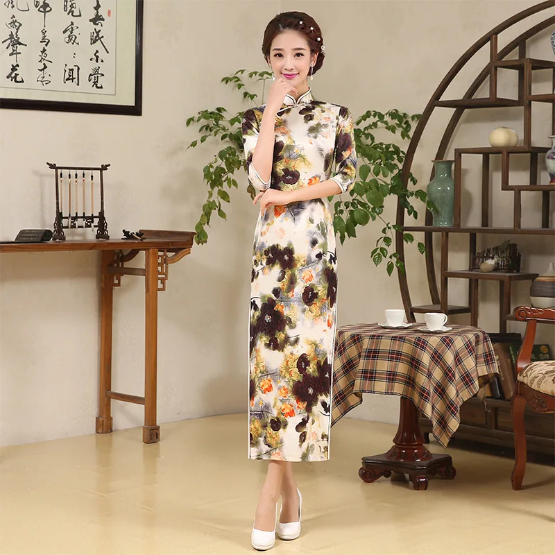 

Высокое качество, шелк, женский длинный хлопковый Cheongsam, женский сексуальный Китайский традиционный костюм, женское вечернее платье с длинн...