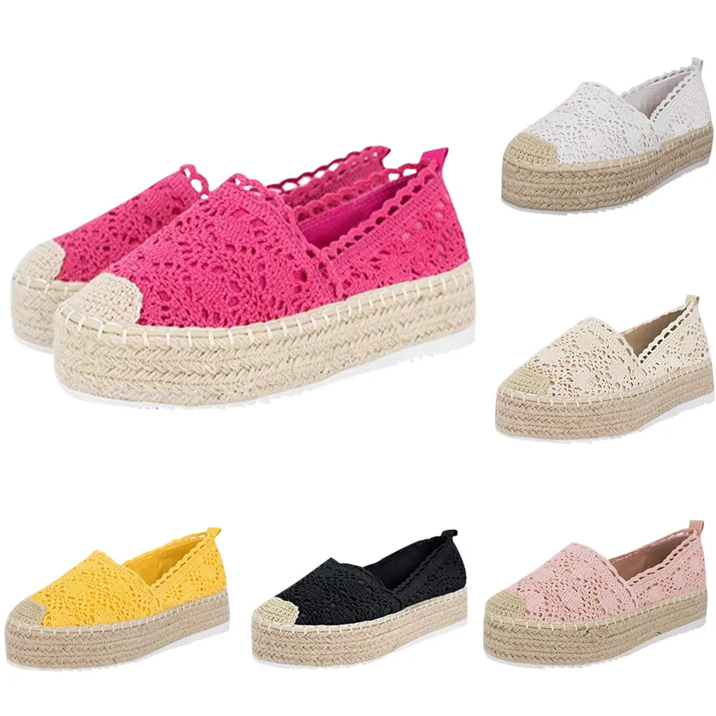 Кружева Полой платформе конопляная обувь 9 видов цветов Для женщин Повседневное сплошной цвет дышащий Эспадрильи на плоской подошве без застежки; мокасины; большие размеры