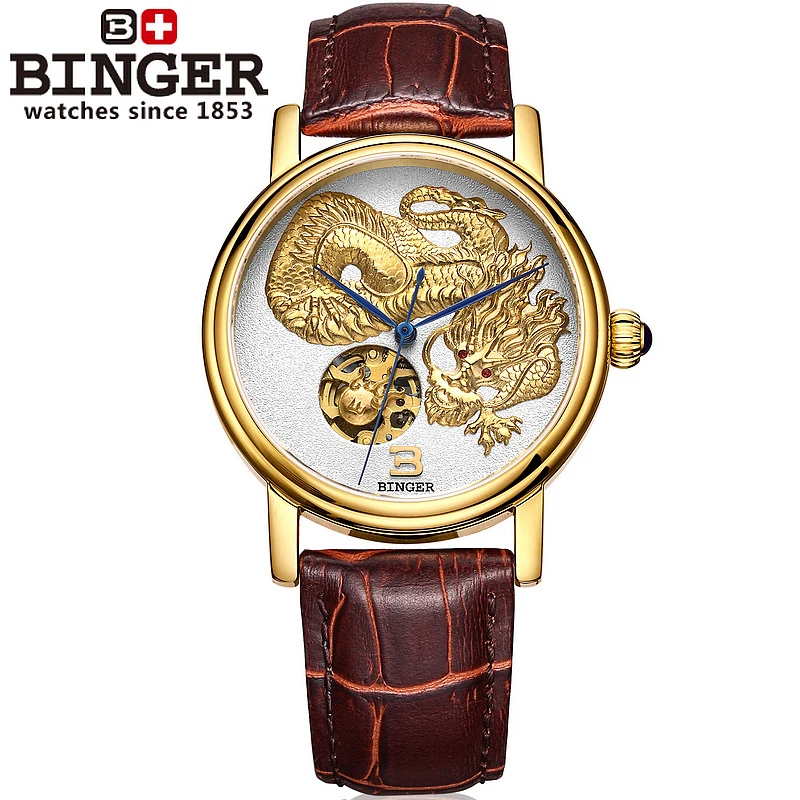 

Skeleton Watches Luxury Brand Watch Automatic Mechanical Watches Chinese Dragon Hand-Carved Leather Strap Men Watch Sapphire