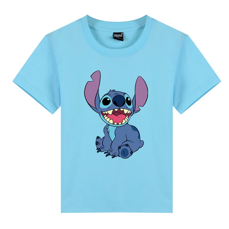 sky blue Lilo& Stitch/Новое поступление, Детская футболка для детей от 3 до 12 лет, 11 цветов Повседневная хлопковая Футболка с рисунком для мальчиков и девочек - Цвет: sky blue