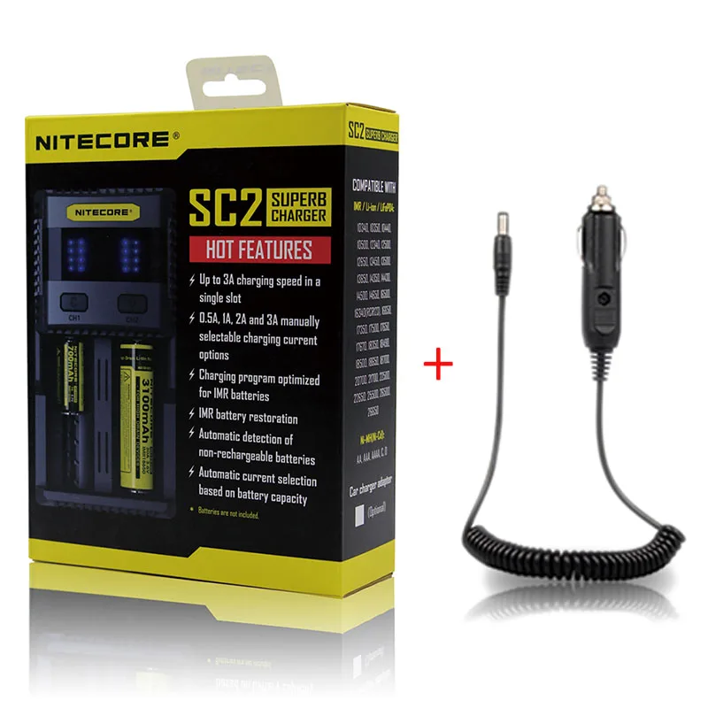SC2 and Car line Nitecore SC4 ЖК-дисплей USB Быстрое интеллектуальное зарядное устройство для Li-Ion IMR LiFePO4 Ni-MH 18650 14450 16340 AA батарея - Цвет: SC2 and Car line