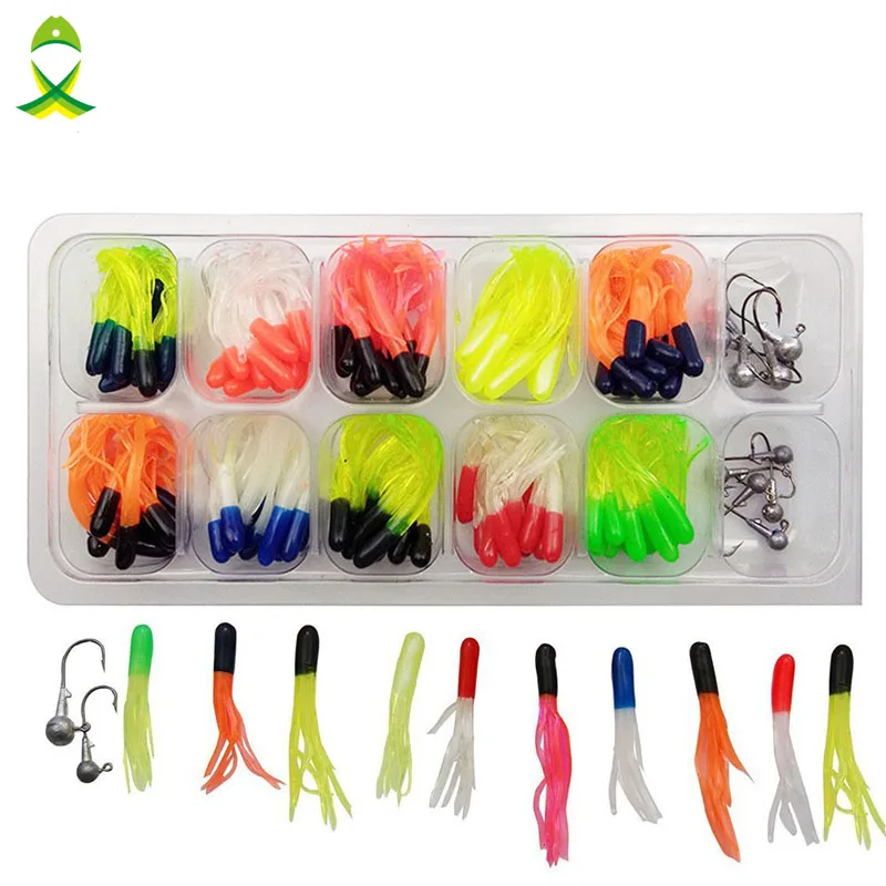 

JSM 110pcs/box hot Soft fishing Lures set Jig Head fishing Hooks Mixed Color Plastic Octopus Lure Worms Bait
