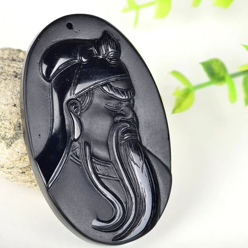 

Black Obsidian Natural pendant necklace with carved guan gong obsidian Lucky Amulet pendant For Women men Jewelry Gifts