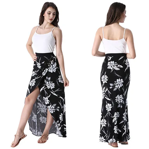 Black White Floral Vfemage женская сексуальная летняя Boho Bohimian однотонная Цветочная печать с рюшами драпировка с высокой талией СПЛИТ повседневные пляжные вечерние Макси Длинная юбка 2907 - Цвет: Black White Floral
