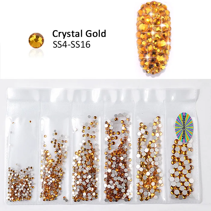 11 Crystal Gold 1 упаковка, смешанные SS4-SS16 Стразы для ногтей, цветные кристаллы AB, стеклянные камни без горячей фиксации, стразы с плоской задней поверхностью, блестящие украшения для ногтей - Цвет: 11 Crystal Gold