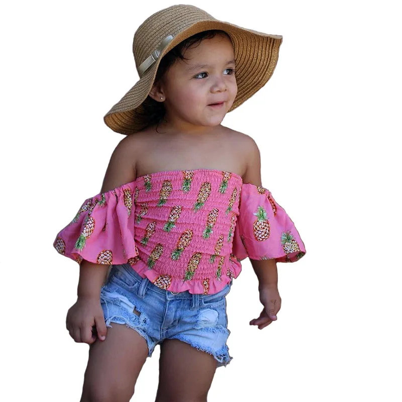 

New Summer Baby Girls Clothing Short Sleeve Costume Children Outfits Toddler Chiffon blouse jeans pant 2PCS Girls suit Kids A295