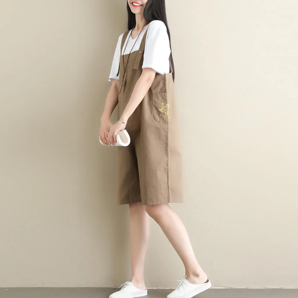 Женский комбинезон без рукавов с пуговицами свободный хлопковый льняной женский