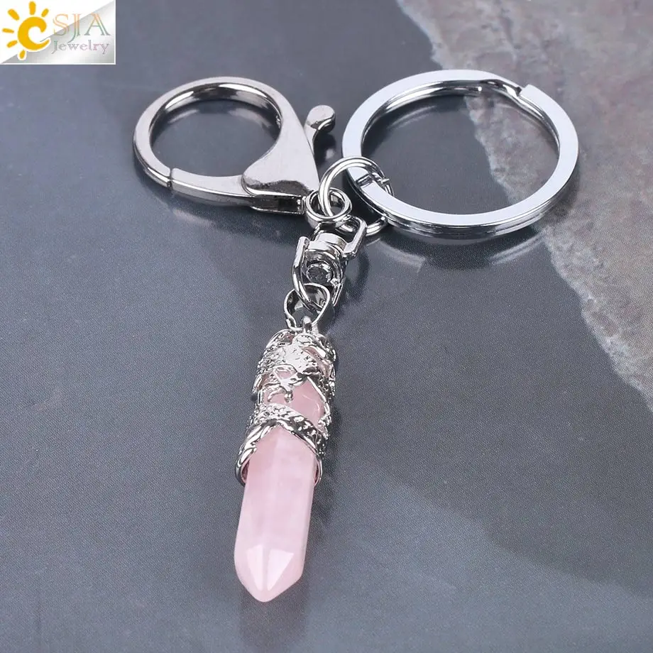 Rose Quartz CSJA, брелки с натуральным драгоценным камнем, шестиугольная призма, подвеска, лазурит, белый кристалл, опал, для DIY, автомобильные брелоки, цепочки E824 - Цвет: Rose Quartz