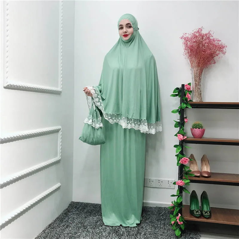 light green Мусульманское платье, модное хиджаб с кружевом, Абая, Дубай, Рамадан, мусульманская одежда, свободное, большой размер, платье для молитвы - Цвет: light green