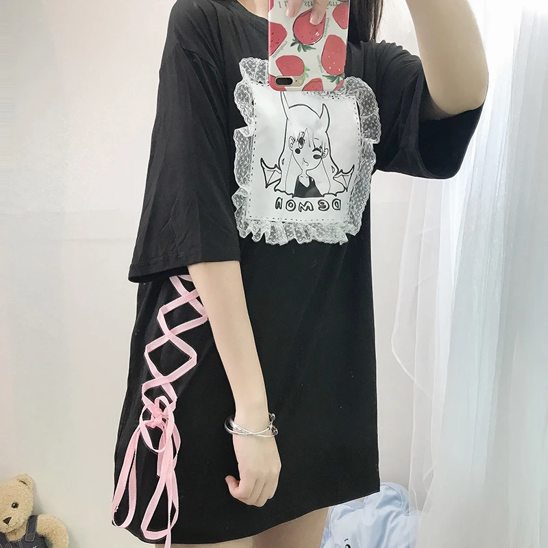Японский Лолита черный длинная футболка для Для женщин Harajuku Kawaii аниме Белый